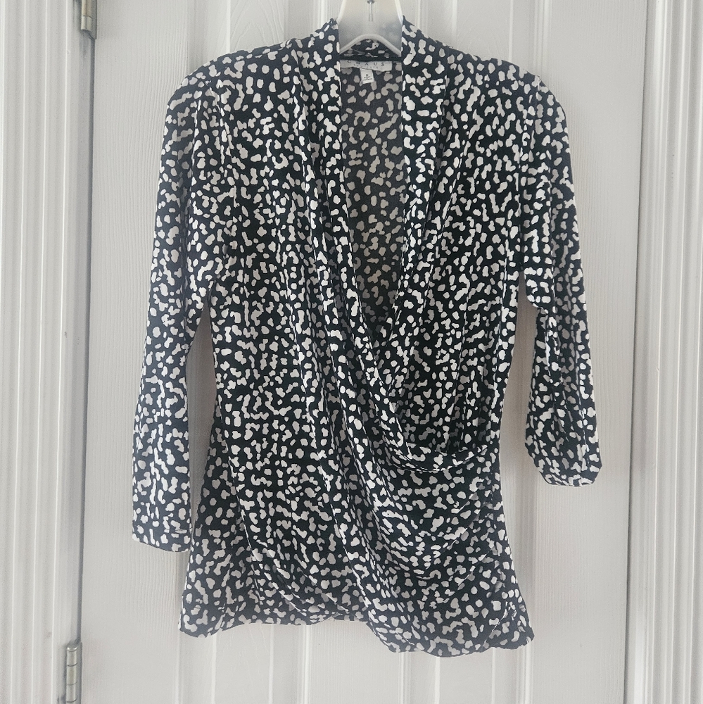Chaus Black & White Shawl Collar Blouse, Sz S, EC
